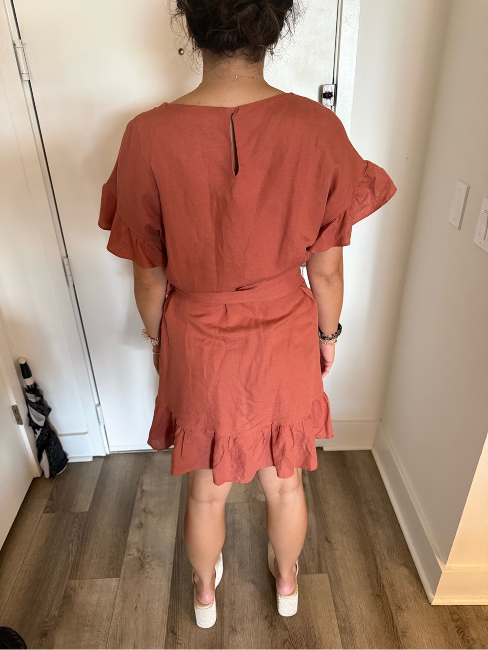 ASTR Rust Wrap Mini Dress with Ruffle Trim - Picture 2 of 2